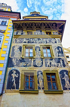 A detailed view of the beautiful House at the Minute, located near the Old Town Square in Prague