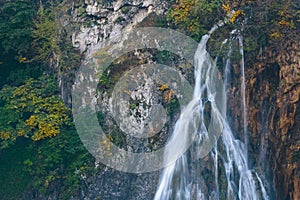 Detailed view of the beautiful waterfalls in the sunshine in Plitvice National Park,Croatia