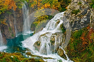 Detailed view of the beautiful waterfalls in the sunshine in Plitvice National Park, Croatia