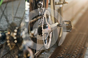 Detailed view of bicycle mechanisms. Sprocket, pedal and chain on a mountain bike