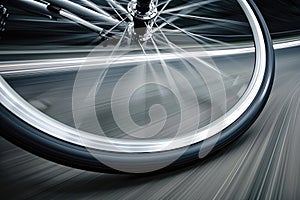 A detailed view of a bicycle wheel on a paved road, A close-up shot of a spinning bike wheel, AI Generated