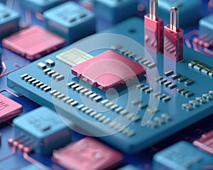 Detailed view of a blue circuit board with pink and blue components, showcasing intricate electronic design and technology