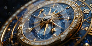 Detailed view of a blue and gold watch