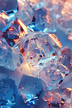 Detailed view of blue-toned crystals with light reflections creating depth.