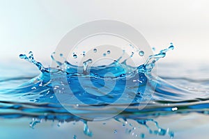 A detailed view of a blue water splash with ripples and droplets