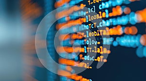 A detailed view of bluish computer code on a screen suggests themes of hacking and software development in a sleek dark photo
