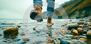 Detailed view of boots walking through water, pebbles splashing
