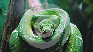 Detailed view of a bright green snake in the lush jungle habitat, showcasing its vibrant colors