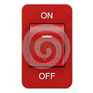 Close up of a red on off toggle switch in the off position glowing with light