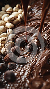 A detailed view of a cake covered in rich chocolate frosting and decorated with crunchy nuts