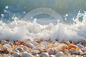 A detailed view capturing a collection of different seashells arranged haphazardly on the sandy shore of a beach, Waves crashing photo