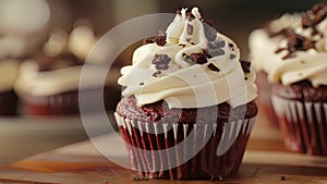 A detailed view of a chocolate cupcake topped with creamy white frosting, showcasing its delicious texture and enticing