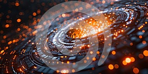 A detailed view of a circular object adorned with glowing lights