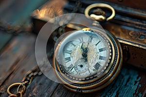 A detailed view of a classic pocket watch hanging on a chain, showcasing intricate details and craftsmanship, A bond that