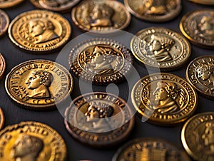 Detailed view of a collection of exquisite antique golden coins featuring embossed showcasing historical craftsmanship