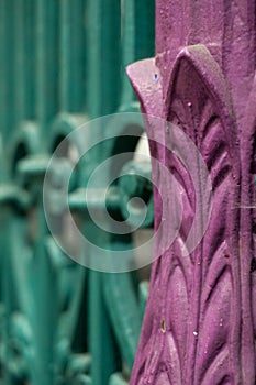 Detailed view of colourful wrought ironwork at Smithfield meat and poultry market in the City of London, UK.