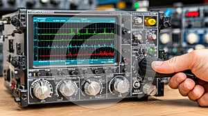 Detailed view of a complex electronic device with a screen and knobs