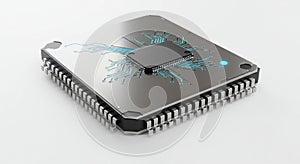Advanced Microchip with Glowing Blue Circuits on White Background