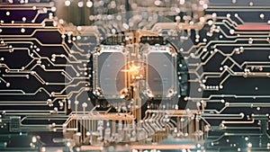 a detailed view of a computer circuit board, showcasing its intricate components and electrical connections, AI brain interface