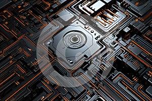 A detailed view of a computer circuit board up close, revealing intricate components and interconnections, Highly detailed