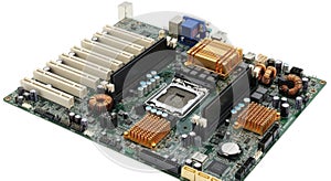 Detailed view of a computer motherboard with intricate circuitry and components isolated on white background