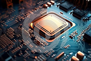 Detailed view, Computer processor embedded in motherboard up close.