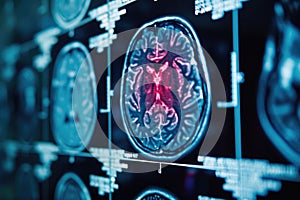 A detailed view of a computer screen displaying a brain scan, X-ray film showing brain ventricles in 3D detail, AI Generated