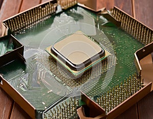 A detailed view of a CPU on a green circuit board, symbolizing technology and computation