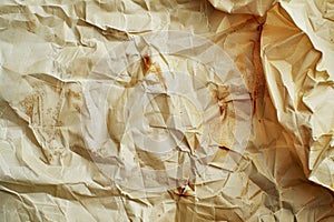 Detailed view of a crumpled paper bag, showing grease stains and crinkles, Crumpled paper bag with grease stains and crinkles photo