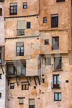 Detailed view at the Cuenca Hanging Houses facades, Casas Colgadas, iconic architecture on Cuenca city