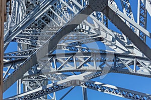 Detailed view at the D. Luis bridge structure, blue sky as background