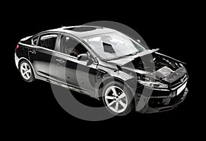 Detailed View of a Damaged Black Sedan Car with Open Hood and Transparent Background photo