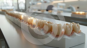 Detailed view of dental implants and prosthetic teeth in a modern dental laboratory