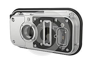 Digital camera body with lens mount isolated on transparent background