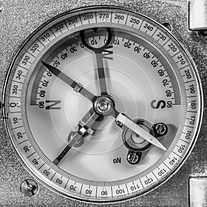 Detailed view of the display disc of an old mechanical compass for geologists, analog and manual, for recording layer data and lin