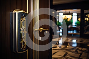 A detailed view of a door handle on a solid wooden door in crisp focus, Smart card door key lock system in hotel, AI Generated