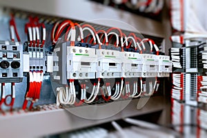 Detailed View of Electrical Circuit Breakers in an Industrial Power Distribution Panel