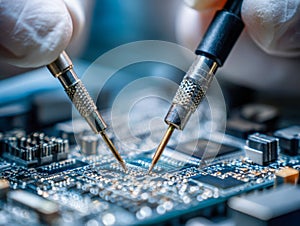 Detailed view of electronic testing probes contacting a printed circuit board during high-precision electronic component diagnosis