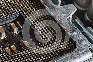 Detailed view of an empty CPU socket.