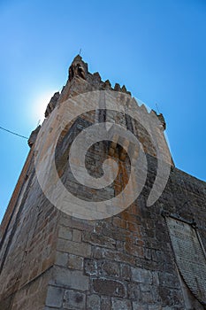 Detailed view at the exterior facade tower at Castle of Chaves, iconic monument building, portuguese patrimony photo