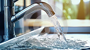 A detailed view of a faucet releasing water into a sink, emphasizing the importance of conserving drinking water and ecological