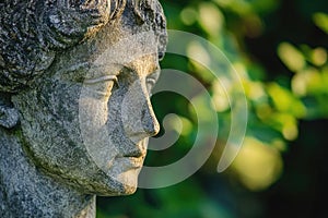 A detailed view of a female figurine's facial features, suitable for decorative or artistic use photo