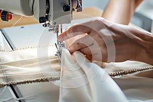 Detailed view female hands sew white fabric on modern machine