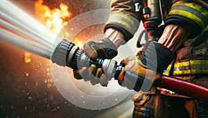 A detailed view of a firefighters hands holding a fire hose tightly, water spraying to combat flames