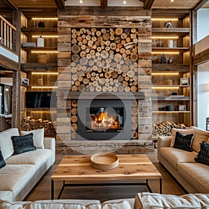 Detailed view of fireplace with crackling flames in chic contemporary chalet interior