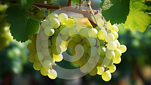 Detailed view of fresh green grapes hanging on a vine branch in a picturesque vineyard setting