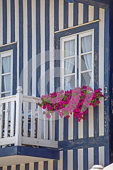 Detailed view of front facade windows and balcony with flowers of typical Costa Nova beach house