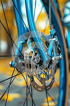 Detailed view of the front wheel of a blue bike, showing spokes, tires, and hub