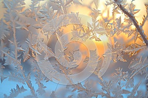 A detailed view of a frosted window with sunlight streaming through in the background, Highlighted details of frost on a