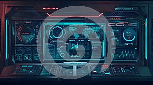 Background futuristic control panel with glowing blue and red displays and keyboard